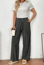 Cargar imagen en el visor de la galería, Black Mineral Wash Tiered Wide Leg Patchwork Drawstring Pants
