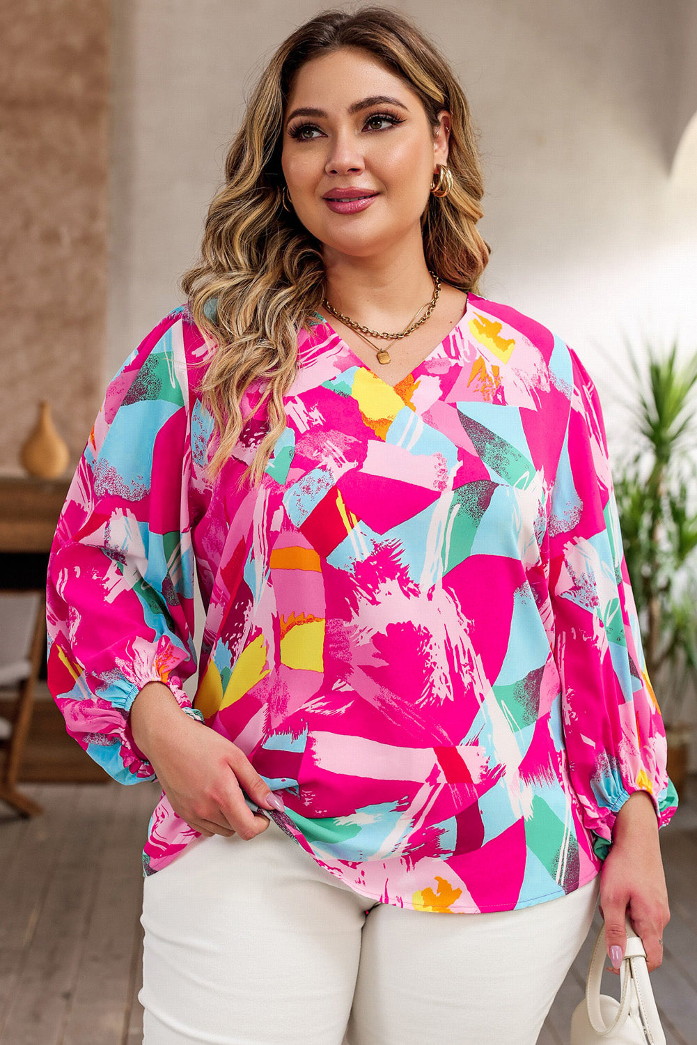 Pink Curvy Girl Graffiti Print Split Neck Puff Sleeve Blouse