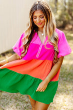 Load image into Gallery viewer, Multicolor Color Block Tiered Puff Sleeve Dress
