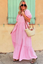 Load image into Gallery viewer, Pink Stripe V Neck Puff Short Sleeve Maxi Dress
