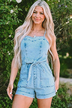 Cargar imagen en el visor de la galería, Beau Blue Spaghetti Straps Belted Denim Romper
