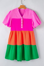 Load image into Gallery viewer, Multicolor Color Block Tiered Puff Sleeve Dress
