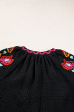 Load image into Gallery viewer, Black Floral Embroidered Ricrac Puff Sleeve Textured Blouse
