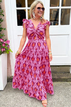 Cargar imagen en el visor de la galería, Bonbon Retro Print Twisted Front Ruffled Sleeve Maxi Dress
