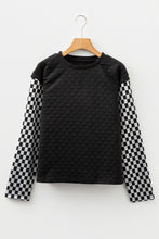 Load image into Gallery viewer, Black Plaid Textured Contrast Checkered Patchwork Long Sleeve Top
