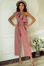 Load image into Gallery viewer, Dusty Pink One Shoulder Ruffle Trim Belted Jumpsuit
