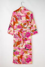 Load image into Gallery viewer, Pink Floral Allover Print Open Front Belted Duster Kimono
