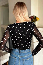 Load image into Gallery viewer, Black Heart Shape Mesh Patchwork Square Neck Bodysuit
