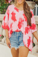 Cargar imagen en el visor de la galería, Red Curvy Girl Tie-dye Print 3/4 Sleeve Tunic Top
