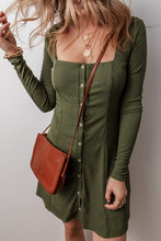 Cargar imagen en el visor de la galería, Guacamole Green Rib Knit Square Neck Buttoned Long Sleeve Mini Dress
