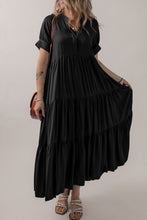 Load image into Gallery viewer, Black Hidden Buttons Short Sleeve Ruffle Tiered Long Flared Dress
