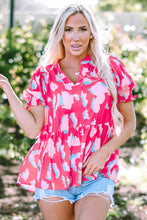 Cargar imagen en el visor de la galería, Rose Abstract Print Smocked Puff Sleeve V Neck Blouse
