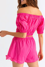 Load image into Gallery viewer, LE LIS Off Shoulder Crop Top and Ruffled Shorts Set
