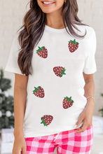 Load image into Gallery viewer, White Sequin Strawberry Patched Crew Neck T Shirt
