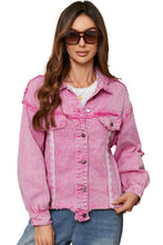 Load image into Gallery viewer, Pink Lace Patchwork Distressed Buttoned Denim Jacket
