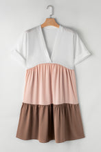 Load image into Gallery viewer, Light French Beige Triple Colors V Neck Folded Cuffs Tiered Loose Dress
