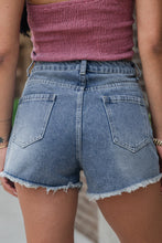 Load image into Gallery viewer, Dusk Blue Pearl Beaded Raw Hem Medium Wash Denim Shorts
