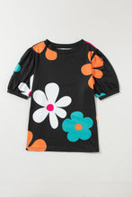 Load image into Gallery viewer, Black Flower/Bowknot Print Bubble Sleeve Tee
