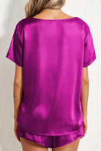 Cargar imagen en el visor de la galería, Bright Pink Satin V Neck Tee and Drawstring Shorts Set
