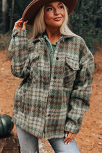 Cargar imagen en el visor de la galería, Mist Green Plaid Print Chest Pockets Turn Down Collar Shacket
