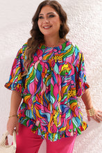 Load image into Gallery viewer, Rose Abstract Print Plus Size Frilly Trim Blouse
