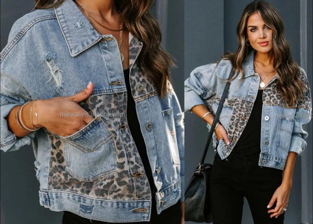 Leopard Print Distressed Jean Jacket