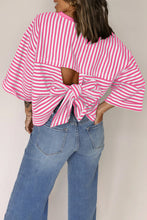 Cargar imagen en el visor de la galería, Pink Stripe Bowknot Cutout Back Drop Shoulder Wide Bracelet Sleeve Loose Tee
