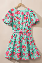 Load image into Gallery viewer, Green Floral Bubble Sleeve Surplice Ruffled Plus Size Dress
