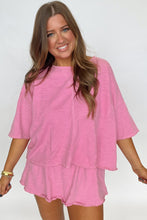 Load image into Gallery viewer, Sachet Pink Loose Fit Half Sleeve T Shirt and High Waist Skirt Set
