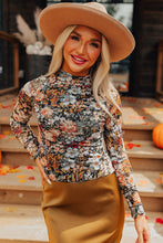 Cargar imagen en el visor de la galería, Brown Floral Long Sleeve High Neck Sheath Mesh Blouse
