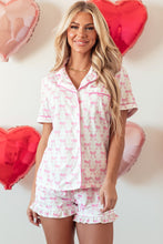 Load image into Gallery viewer, Pink Bowknot Printed Short Sleeve and Ruffled Shorts Valentines Pajama Set
