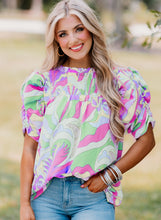 Cargar imagen en el visor de la galería, Green Abstract Print Bubble Sleeve Smock Detail Blouse
