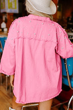 Load image into Gallery viewer, Bonbon Pearl Beaded Raw Hem Button Up Denim Jacket
