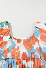 Cargar imagen en el visor de la galería, Orange Plus Size Flower Print Shirred Square Neck Maxi Dress
