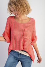 Cargar imagen en el visor de la galería, Fresh Salmon Rolled Cuffs Loose Knit Tee with Slits
