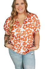 Load image into Gallery viewer, Orange Plus Size Floral Print Drawstring V Neck Short Sleeve Blouse
