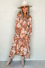 Cargar imagen en el visor de la galería, Brown Floral Print Shirred Square Neck High Waist Maxi Dress
