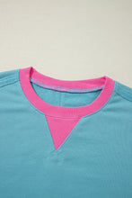 Cargar imagen en el visor de la galería, Light Blue Colorblock Patchwork Crew Neck Loose Sweatshirt
