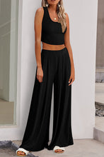 Cargar imagen en el visor de la galería, Black Textured Sleeveless Crop Top and Wide Leg Pants Outfit
