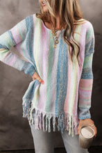 Load image into Gallery viewer, Purple Color Block Fringed Drop Shoulder Tunic Sweater
