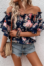 Cargar imagen en el visor de la galería, Blue Ruffle Off Shoulder Flounce Sleeve Floral Blouse
