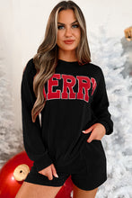 Load image into Gallery viewer, Black Corded MERRY Graphic Long Sleeve Top and Shorts Set
