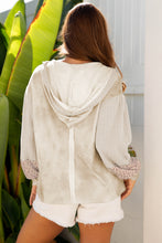 Load image into Gallery viewer, Beige Floral Patched Waffle Textured Colorblock V Neck Casual Hooded Top
