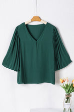 Load image into Gallery viewer, Blackish Green 3/4 Pleated Bell Sleeve V Neck Blouse
