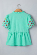 Cargar imagen en el visor de la galería, Mint Green Frilled V Neck Flower Embroidered Puff Sleeve Textured Blouse
