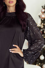 Load image into Gallery viewer, Black Glittering Mesh Sleeve Mock Neck Mini Dress
