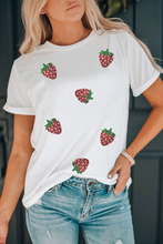 Load image into Gallery viewer, White Sequin Strawberry Patched Crew Neck T Shirt
