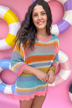 Load image into Gallery viewer, Pink Stripe Colorblock Hollowed Crochet 3/4 Sleeve Sweater
