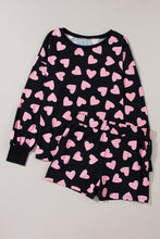 Cargar imagen en el visor de la galería, Black Valentine&#39;s Heart Shape Print Long Sleeve Top Shorts Lounge Set
