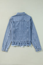 Cargar imagen en el visor de la galería, Beau Blue Ruffle Raw Hem Flap Pockets Denim Jacket
